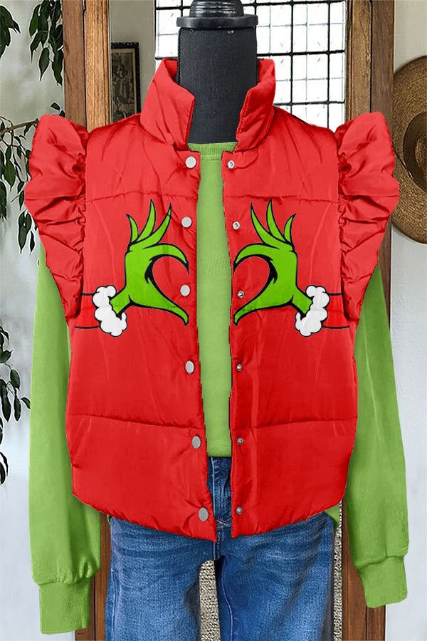 Funny Christmas Grinch Print Ruffle Vest