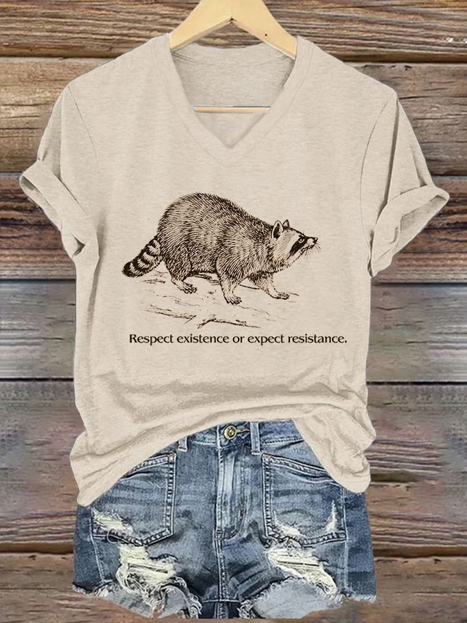 Women's Respect Existence Raccoon National Parks Printed V-Neck T-Shirt