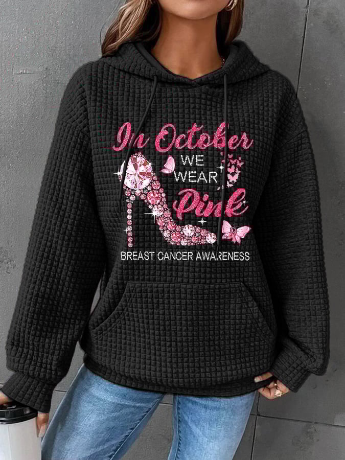 Breast Cancer Awareness In October We Wear Pink Heels Butterfly Print Casual Hoodie