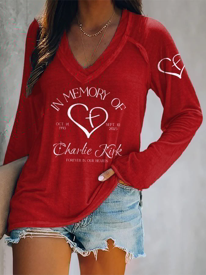 V-neck Retro Forever In Our Hearts Print T-Shirt