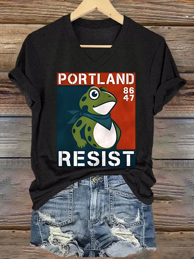 V-neck Women's Portland Frog 8647 resist Print T-Shirt