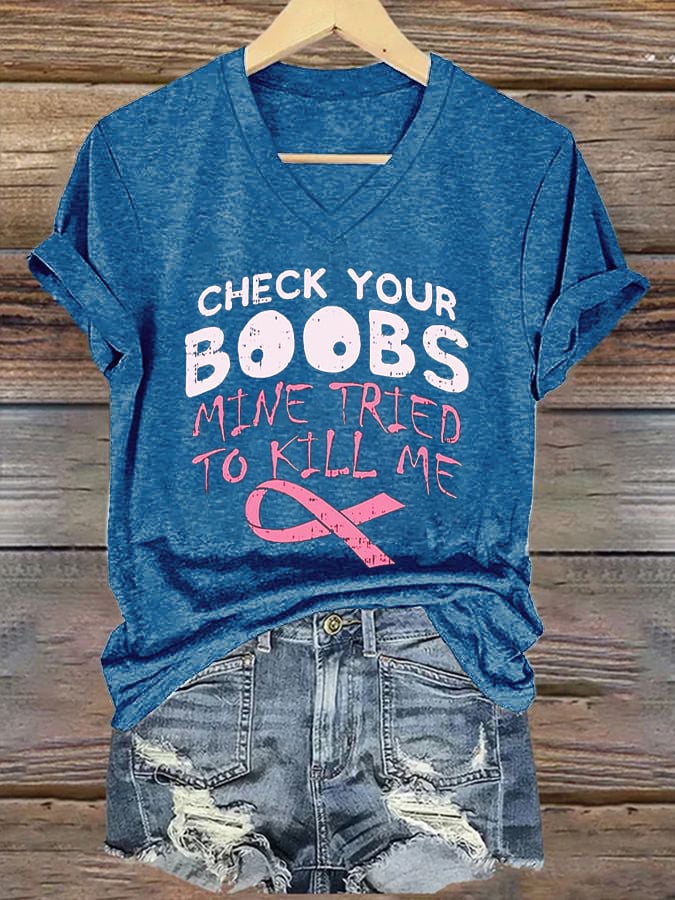 Women's Breast Cancer Awareness Printed Casual V-Neck T-Shirt