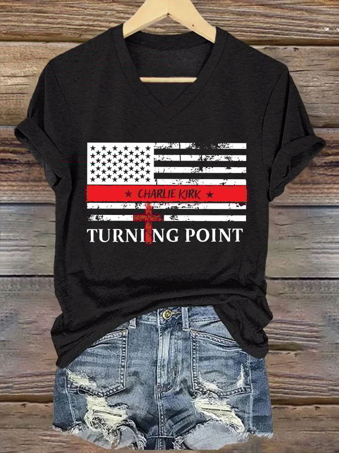V-Neck Retro Faith Flag Cross America This Is The Turning Point Print T-Shirt