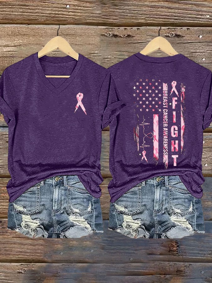 Women's Fight Breast Cancer Awareness Printed Casual V-Neck T-Shirt