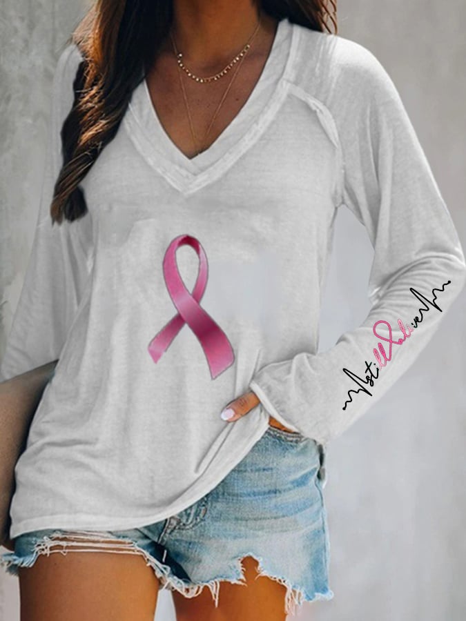 Breast Cancer Still Alive V Neck Long Sleeve Casual T-Shirt