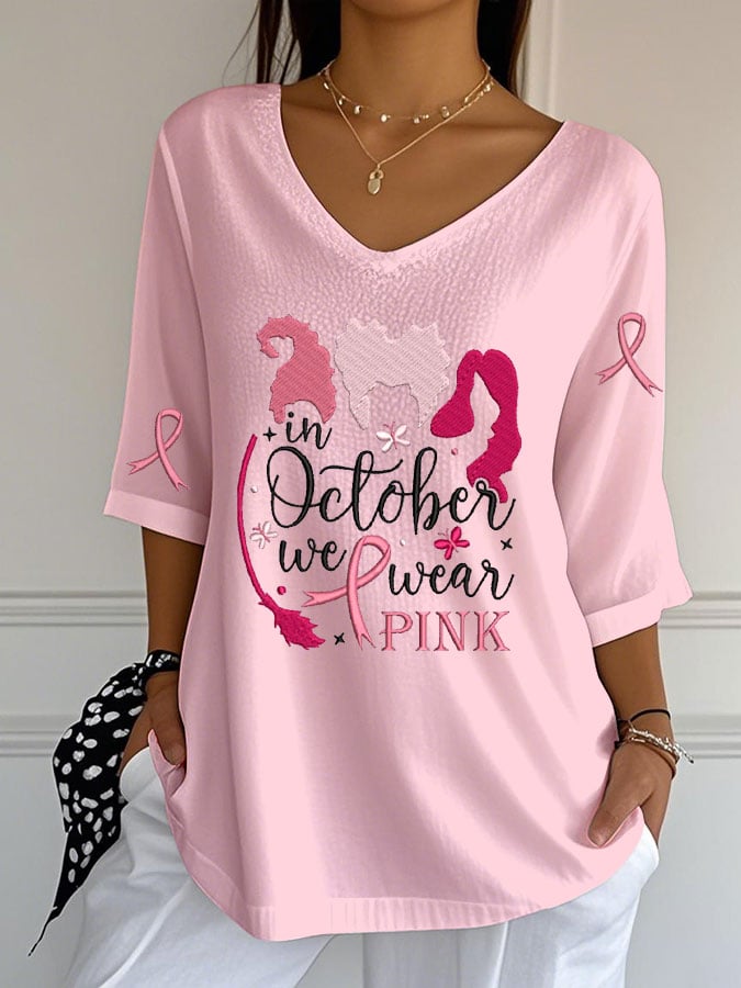 Women's Breast Cancer Witch Print Casual V-Neck Top