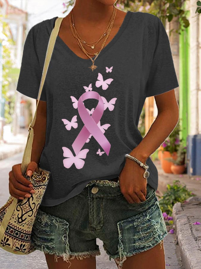 Women's Butterfly Breast Cancer Print Loose Short Sleeve T-Shirt