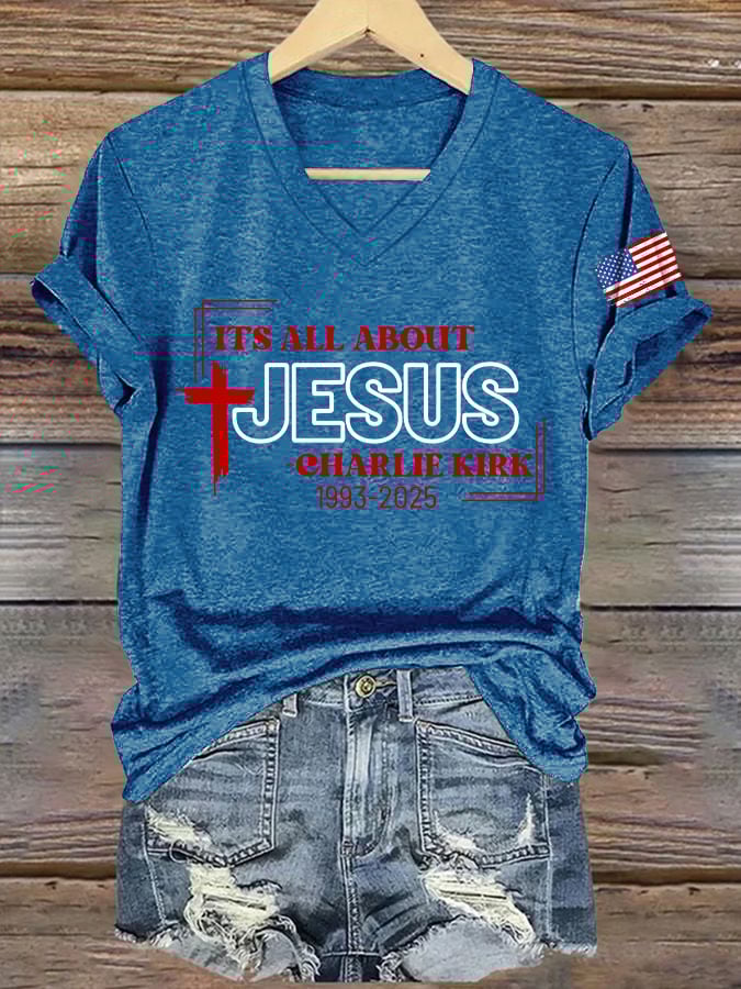 V-Neck Retro It's All About Jesus Print T-Shirt