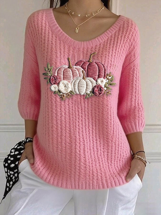 Women's Casual Autumn Pink Pumpkin Knitted Bottoming Shirt