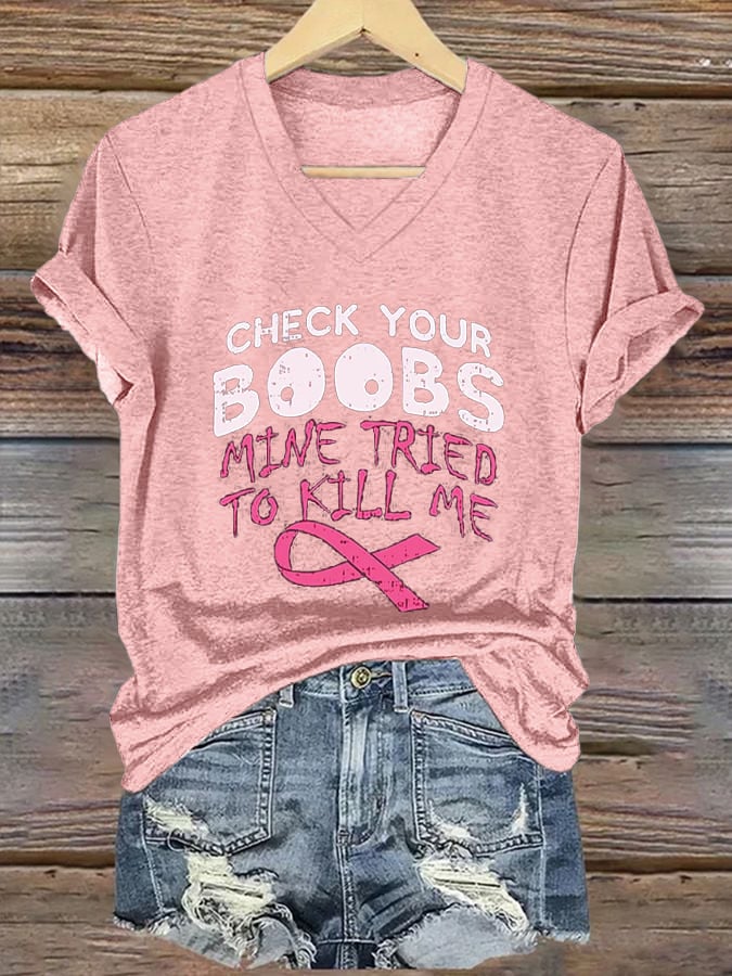 Women's Breast Cancer Awareness Printed Casual V-Neck T-Shirt