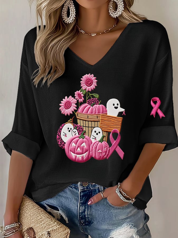 Women's casual pink ghost waffle long-sleeved T-shirt