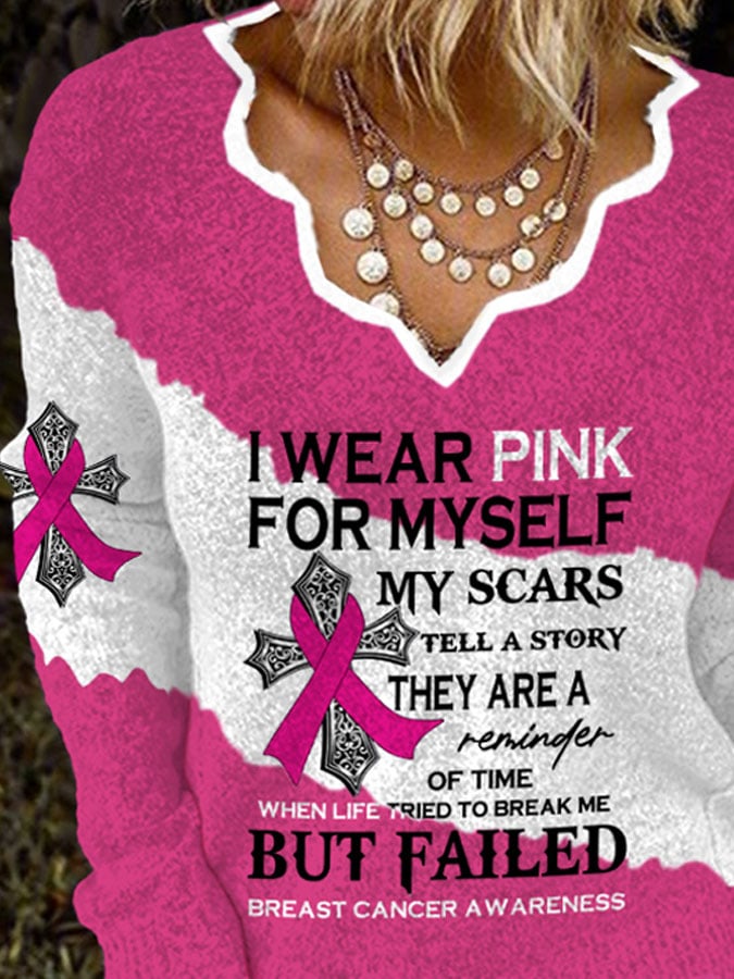 V-neck Faith Breast Cancer Awareness I Wear Pink For Myself Print Knit Tops
