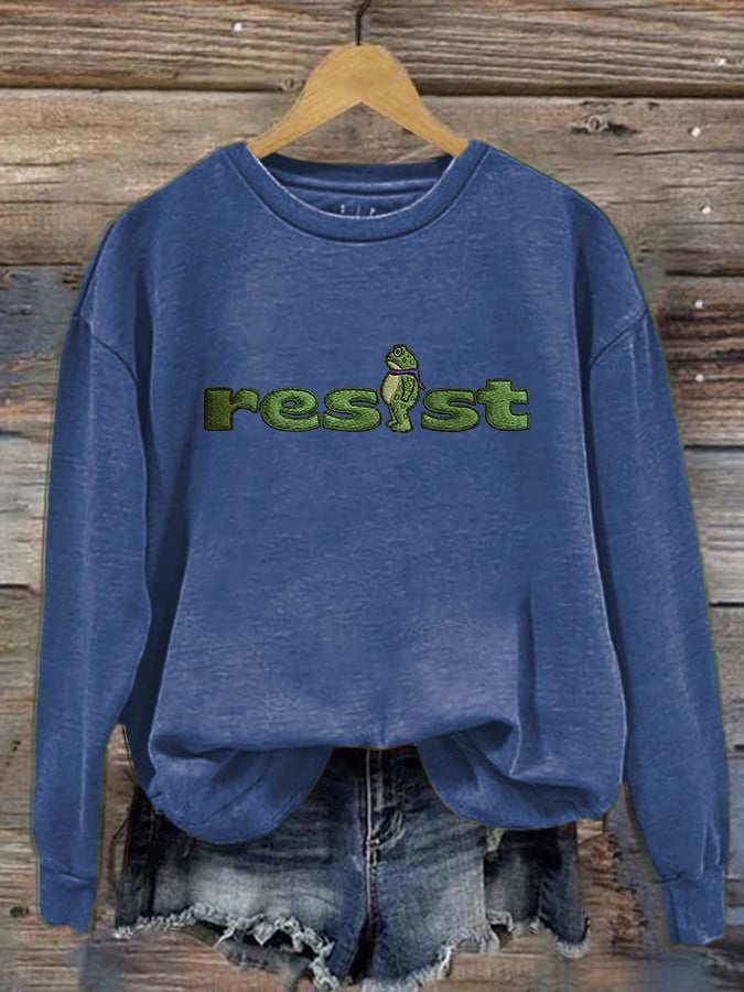 Women's Retro Resist Frog Printed Round Neck Sweatshirt