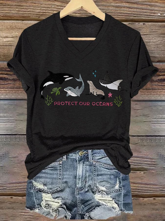 Women's Retro Protect Our Oceans Print T-Shirt