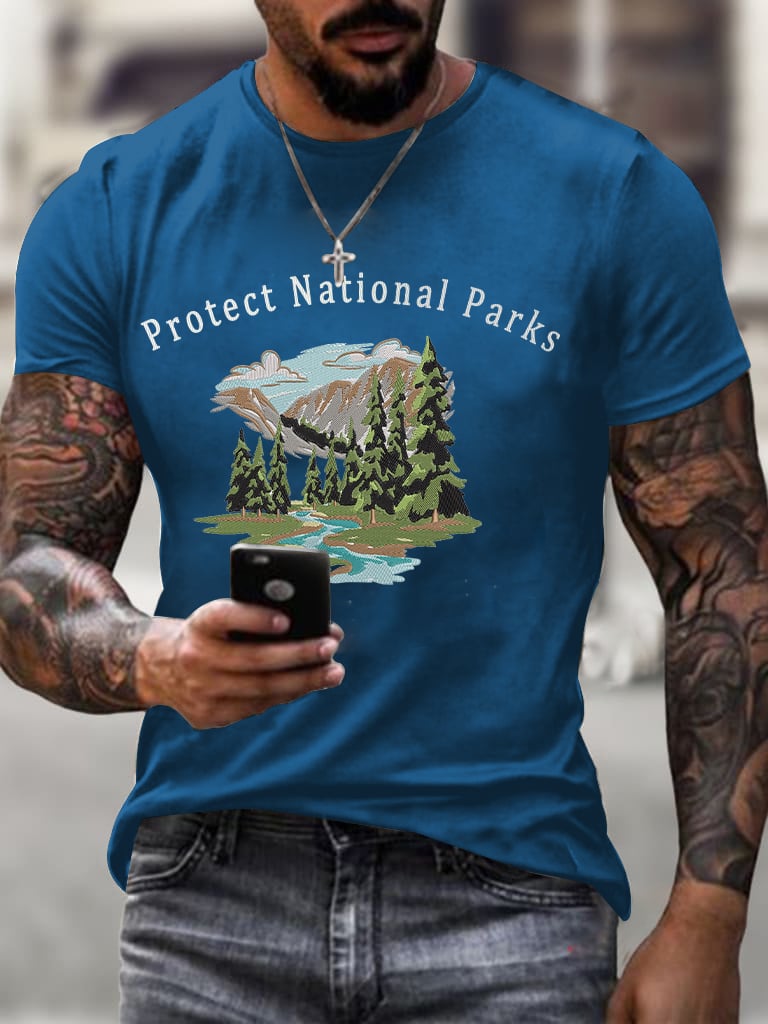 Men'S Retro Protect Our National Parks Printed Casual Crew Neck T-Shirt