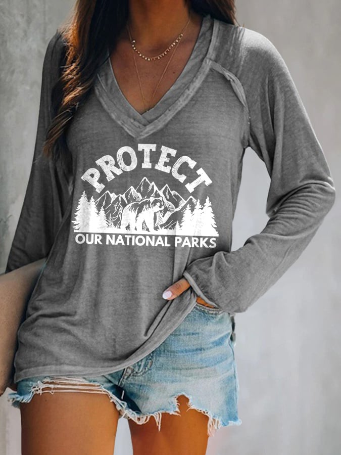 Women's Protect Our National Parks Print V Neck T-Shirt