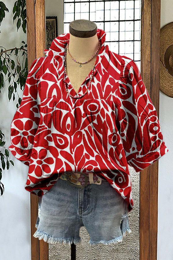 Classic Abstract Floral Puff Sleeve Blouse