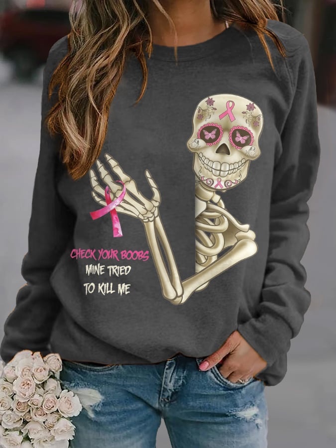 Skeleton Pink Ribbon Print Sweatshirt