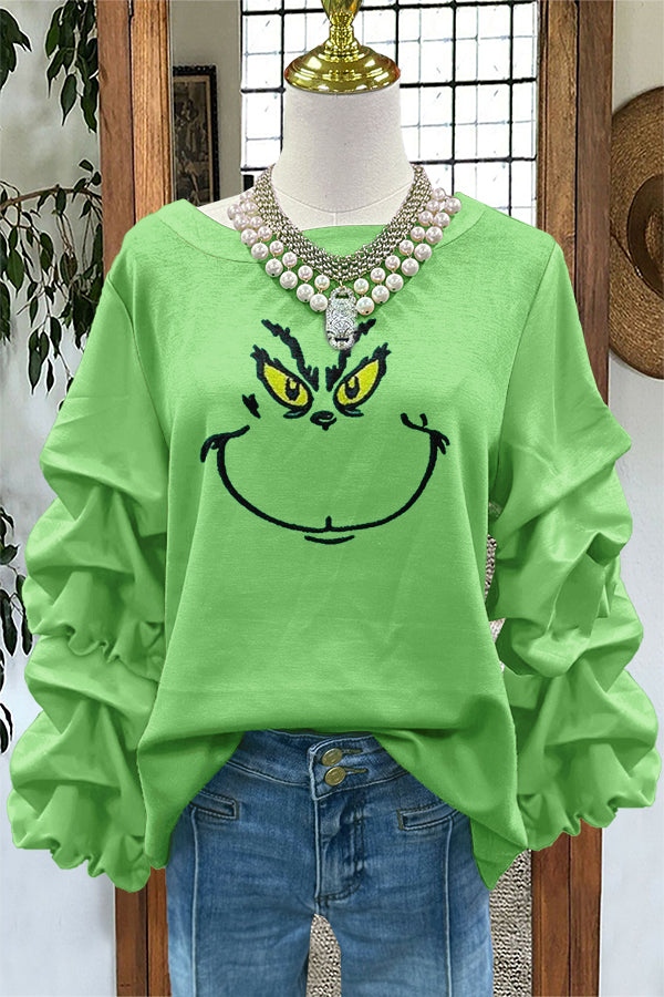 Sweet Christmas Grinch Print Pleated Sweatshirt