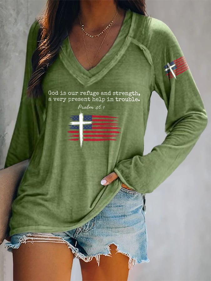 V-neck Retro God Is Our Refuge And Strength, A Very Present Help In Trouble Psalm 46:1 Print T-Shirt