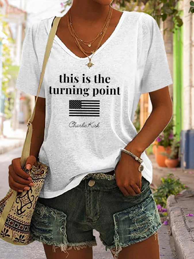 Women's V-Neck Retro This is the Turning Point Print T-Shirt