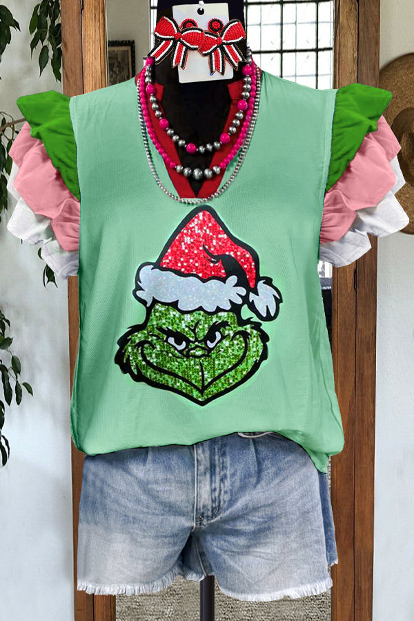 Ruffled Contrast Grinch Blouse
