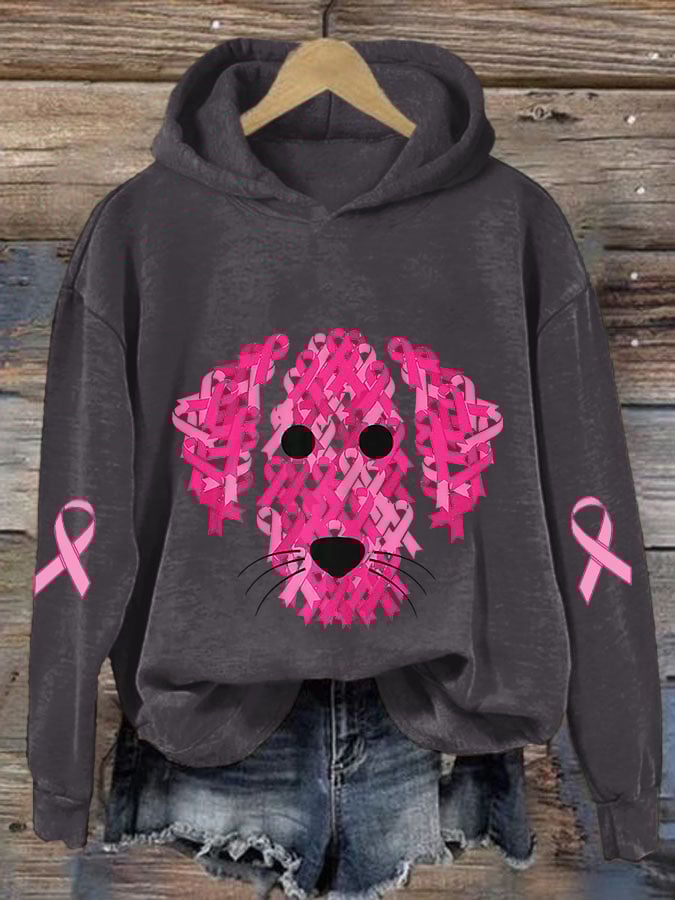 Women's Pink Ribbon Dog Breast Cancer Awareness Print Casual Hoodie