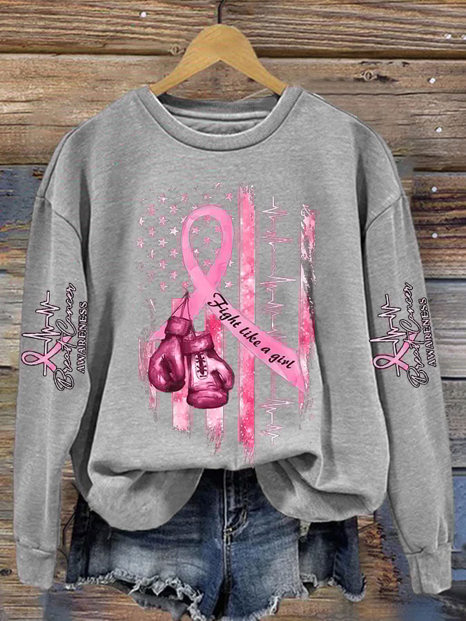Women's Casual Breast Cancer Awareness Print Long Sleeve Sweatshirt