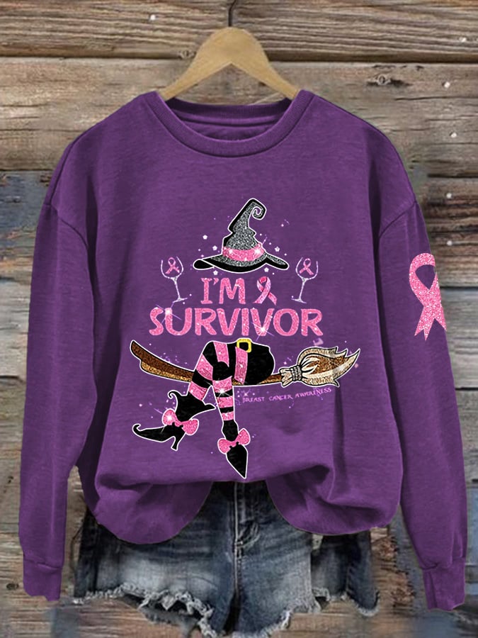 Women's Breast Cancer Awareness Witch Print Crew Neck Sweatshirt