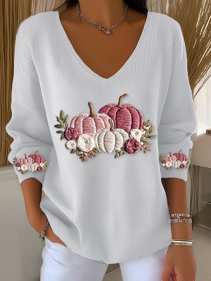 Women's casual pink pumpkin long-sleeved T-shirt knitted ribbed long-sleeved T-shirt