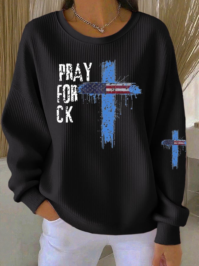 Women's Pray for Charlie Print Knit Crew Neck Long Sleeve Top