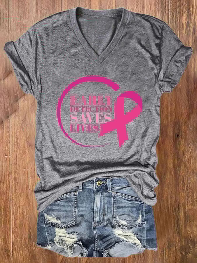 Women's Casual Early Detection Save Lives Print Short Sleeve T-Shirt