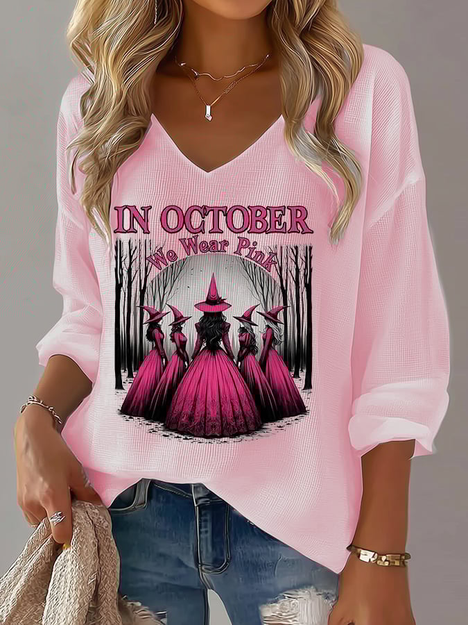 Women's Casual Pink Witch October We Wear Pink Waffle Long Sleeve T-shirt