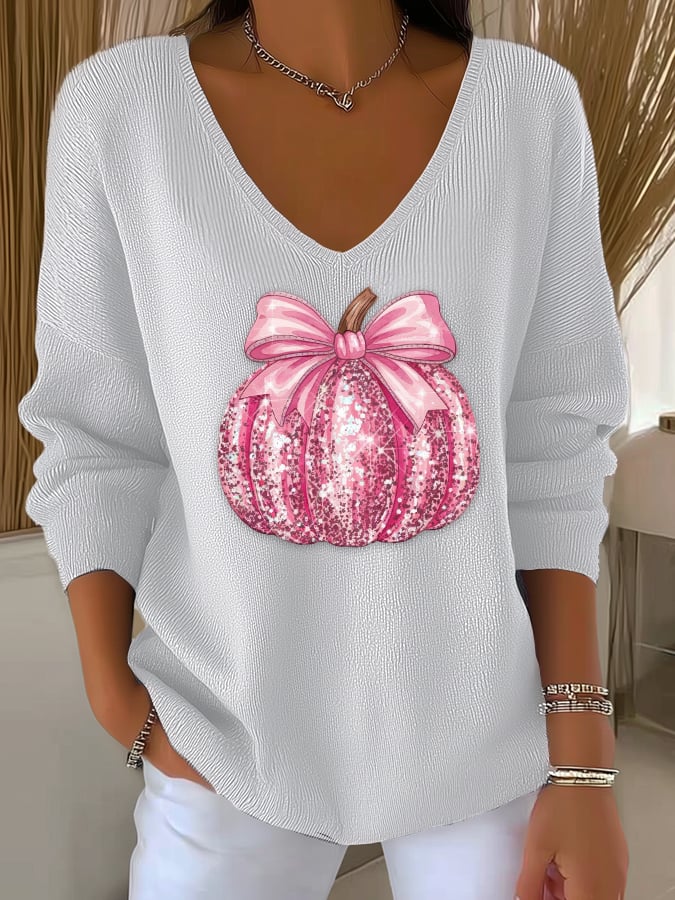 Women's casual pink sequined pumpkin striped long-sleeved top