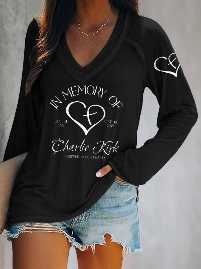 V-neck Retro Forever In Our Hearts Print T-Shirt