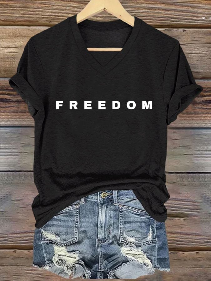 Women's Freedom Print V Neck T-shirt