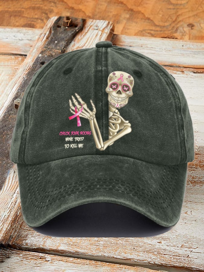 Retro Breast Cancer Awareness Skull Check Your Boobs Mine Tried To Kill Me Print Baseball Cap