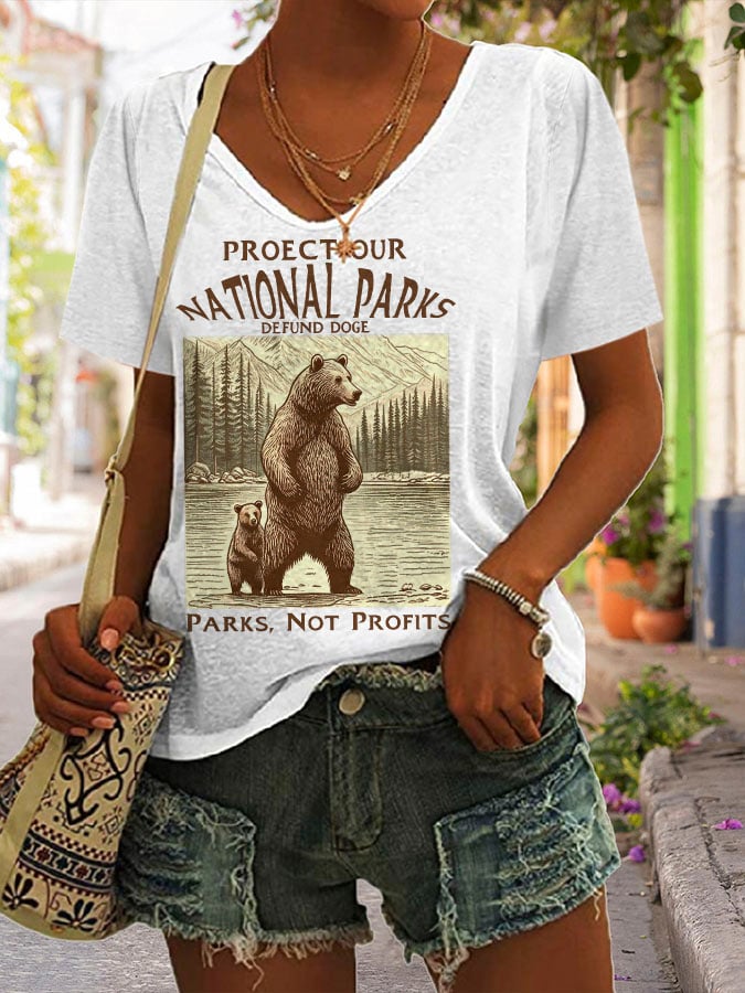 Women's Support National Parks Print V Neck Casual T-Shirt