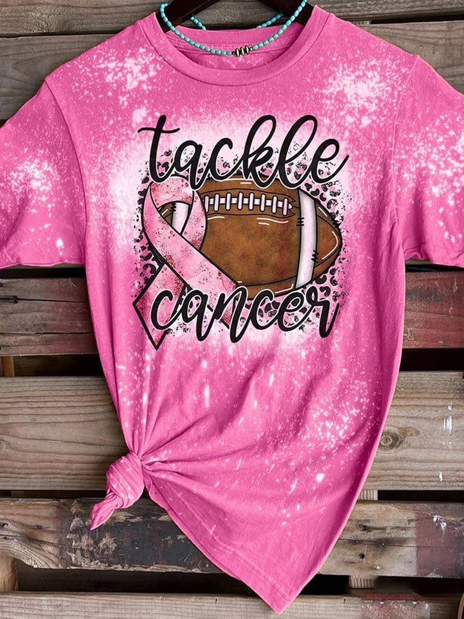 Breast Cancer Awareness Tackle Cancer Football Leopard Print T-Shirt