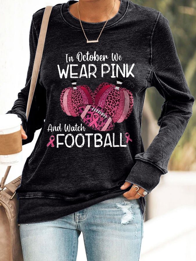Retro Breast Cancer Awareness In October We Wear Pink And Watch Football Leopard Print Sweatshirt