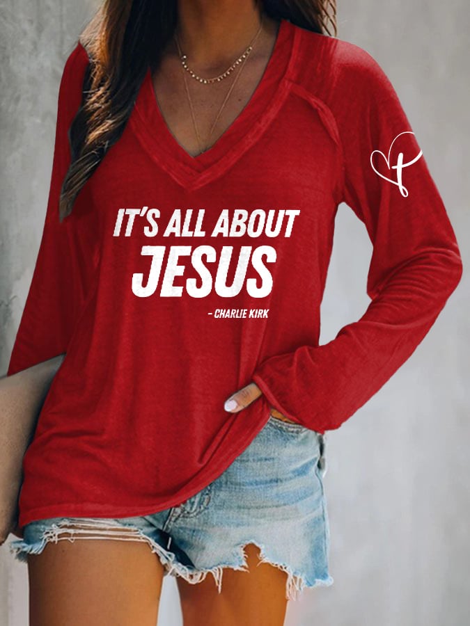 V-neck Retro It's All About Jesus Print T-Shirt