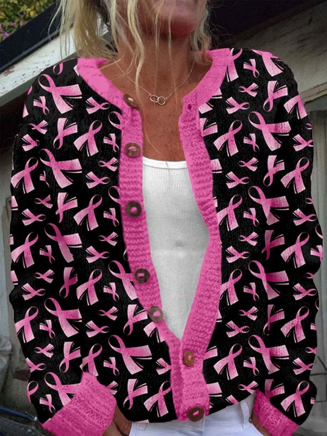 Women's Breast Cancer Pink Ribbon Print Casual Sweater Cardigan