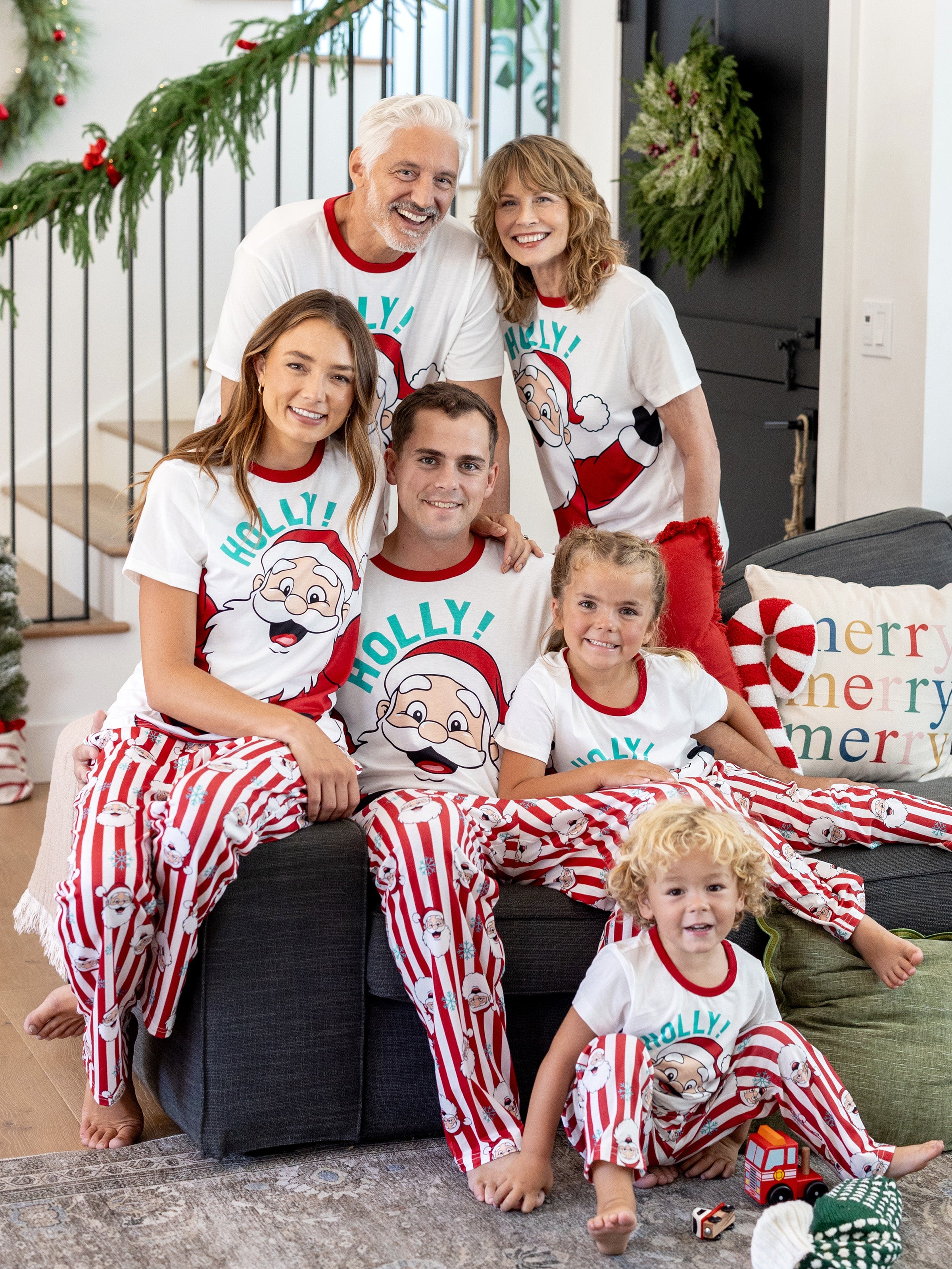 Christmas Matching Family Pajamas Set Santa Claus and Snowflakes Red Stripes PJS Red