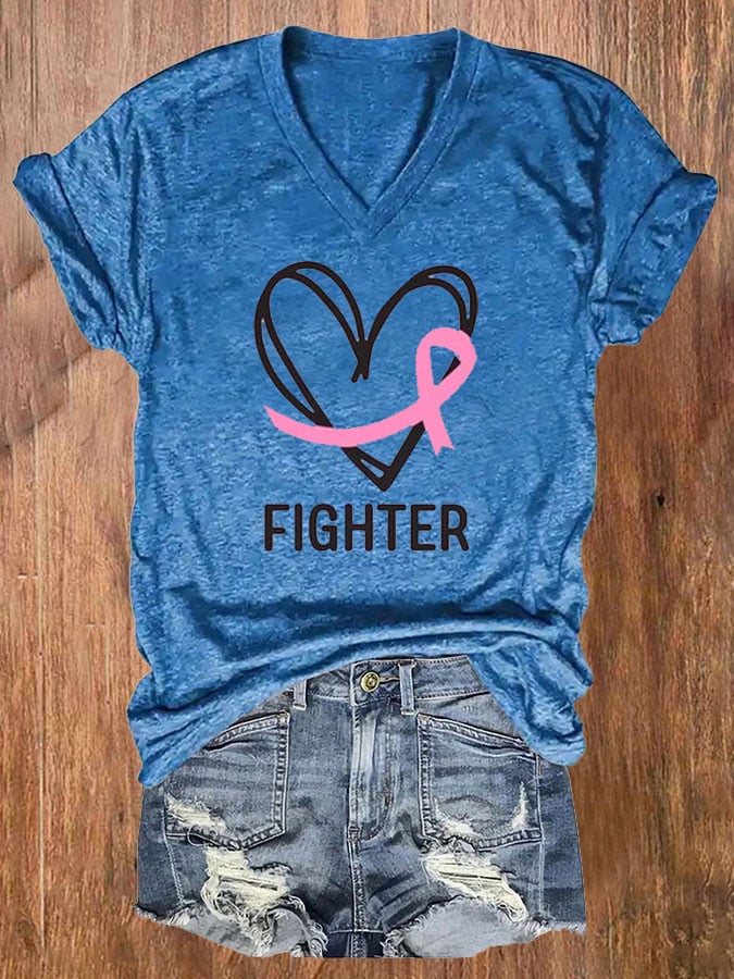 Women's Breast Cancer Awareness Printed V-Neck T-Shirt