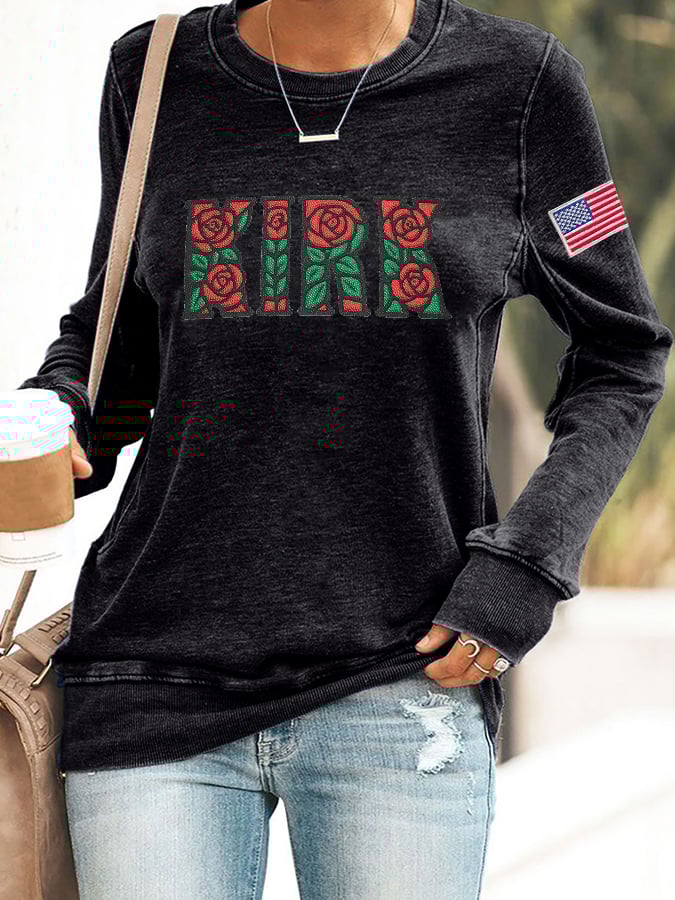 Women's Rose Print Round Neck Sweatshirt
