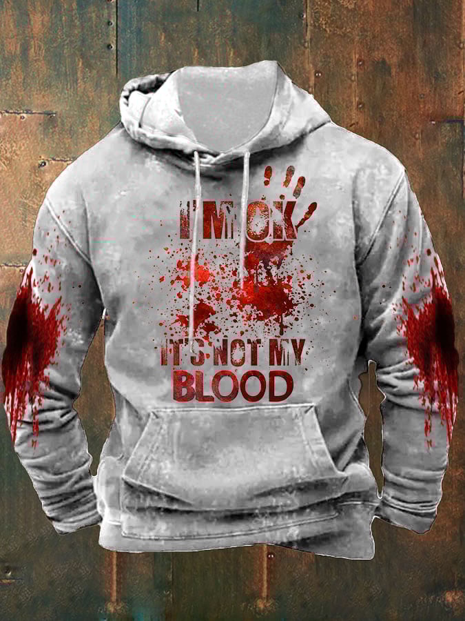 Men's I'M Ok It'S Not My Blood Halloween Printed Hooded Sweatshirt