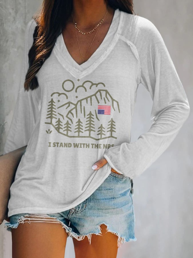 V-neck Retro I Stand With The NPS National Park Support Print T-Shirt
