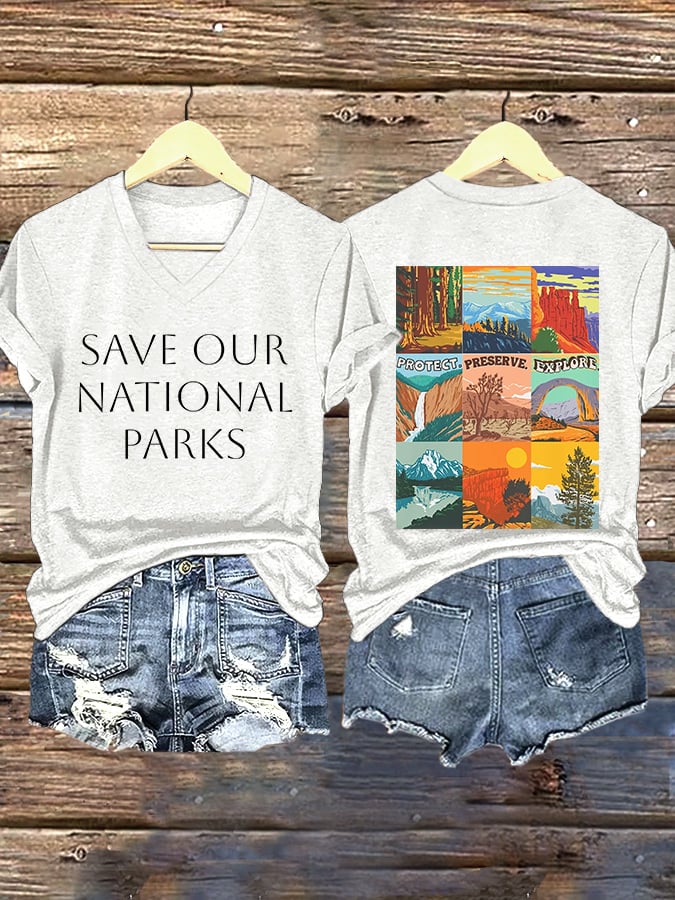 V-neck Retro Save Our National Parks Protect, Preserve, Explore Print T-Shirt