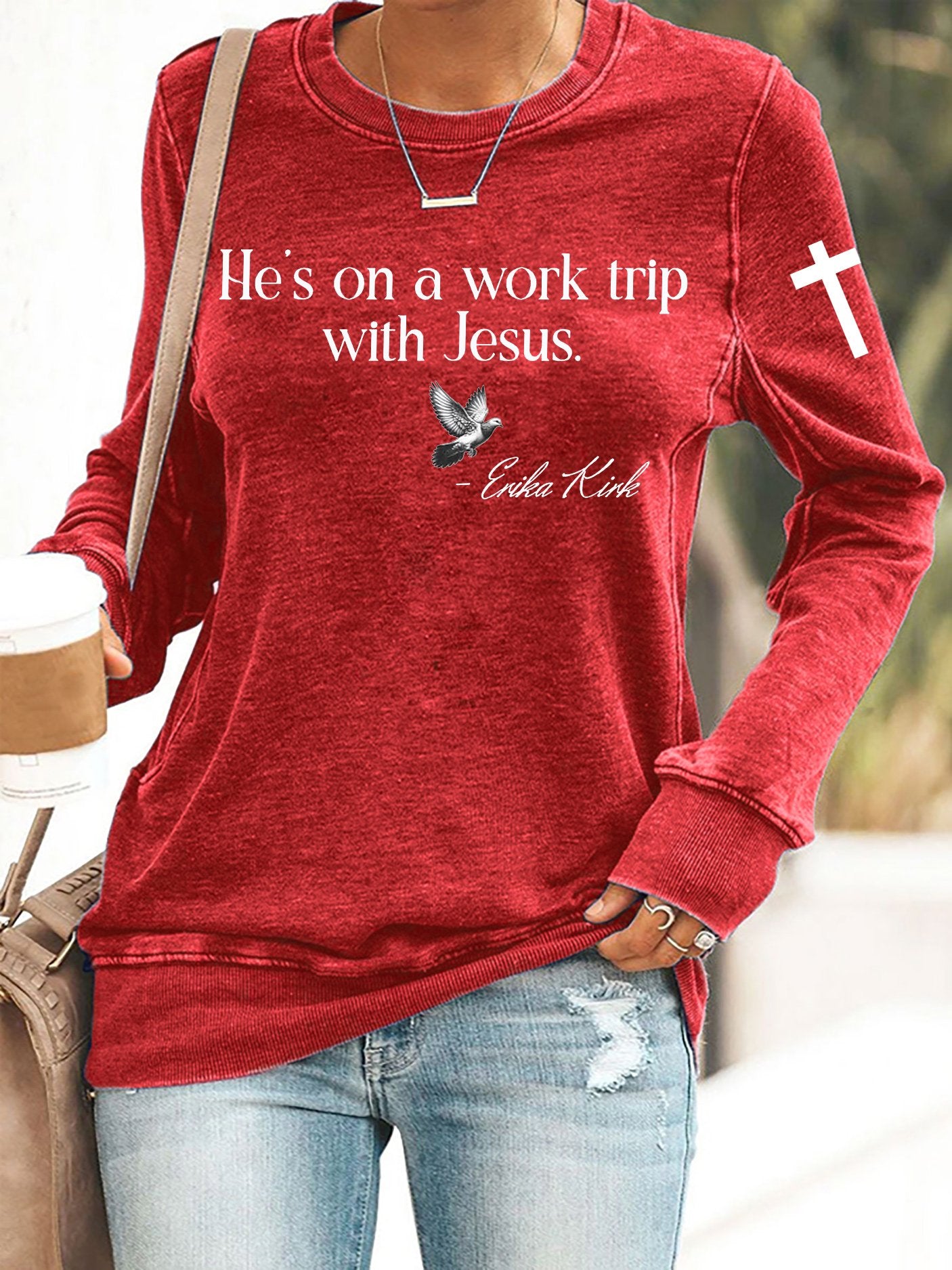 Retro He's On A Work Trip With Jesus Print Sweatshirt