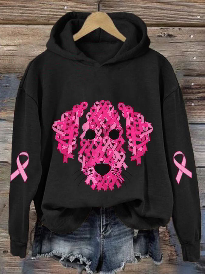 Women's Pink Ribbon Dog Breast Cancer Awareness Print Casual Hoodie